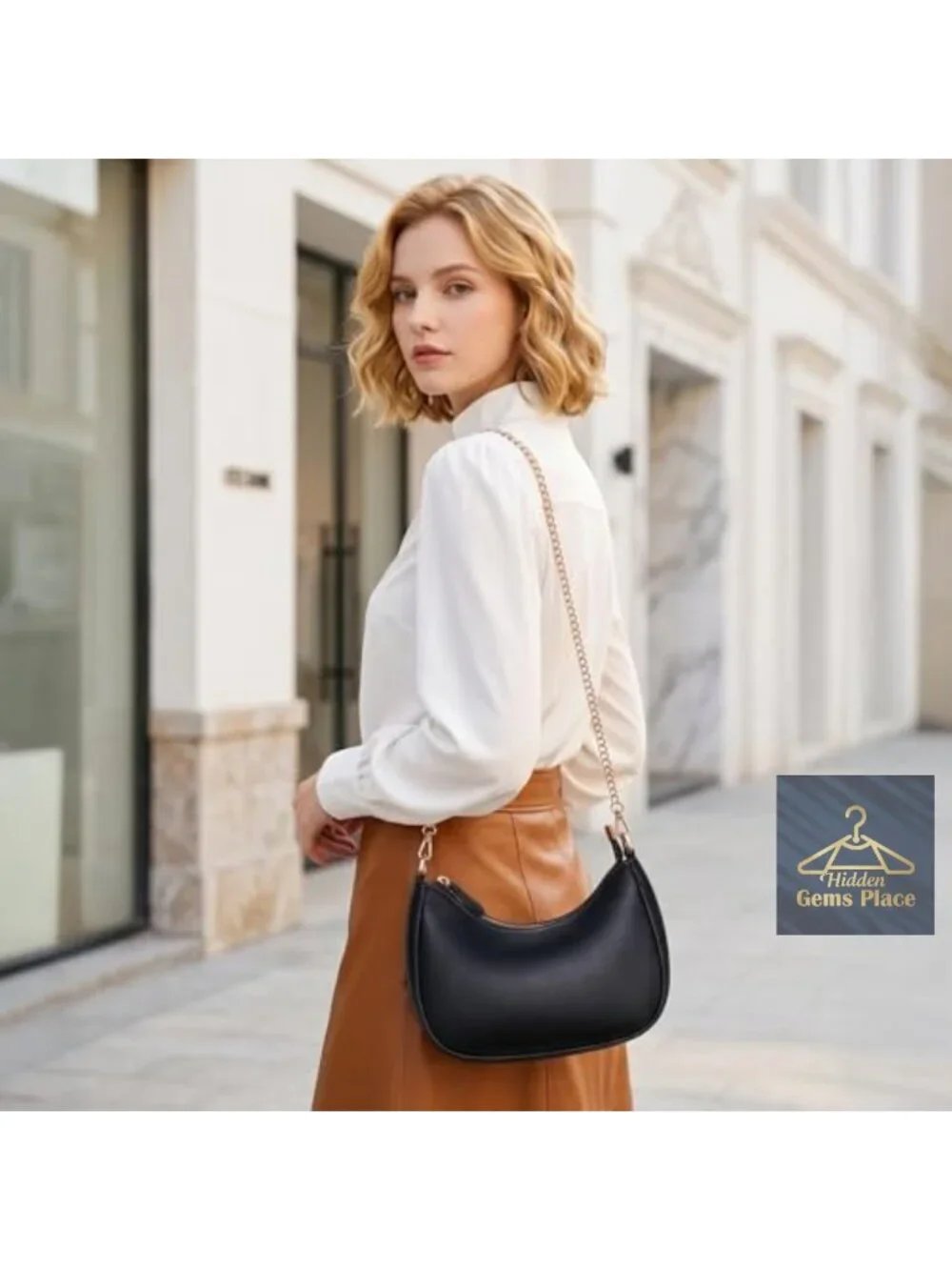 Hobo Shoulder Bag with Gold Chain Strap, Adjustable, PU Leather, Large Capacity